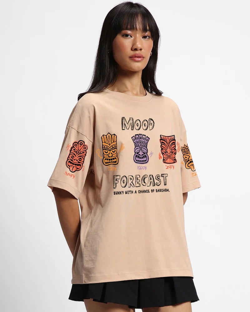 bewakoof Women's Ginger Root Brown Mood For Cast Graphic Printed Oversized T-shirt